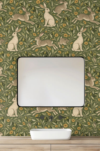 Yellow daisies scattered throughout the naturalist wallpaper design.