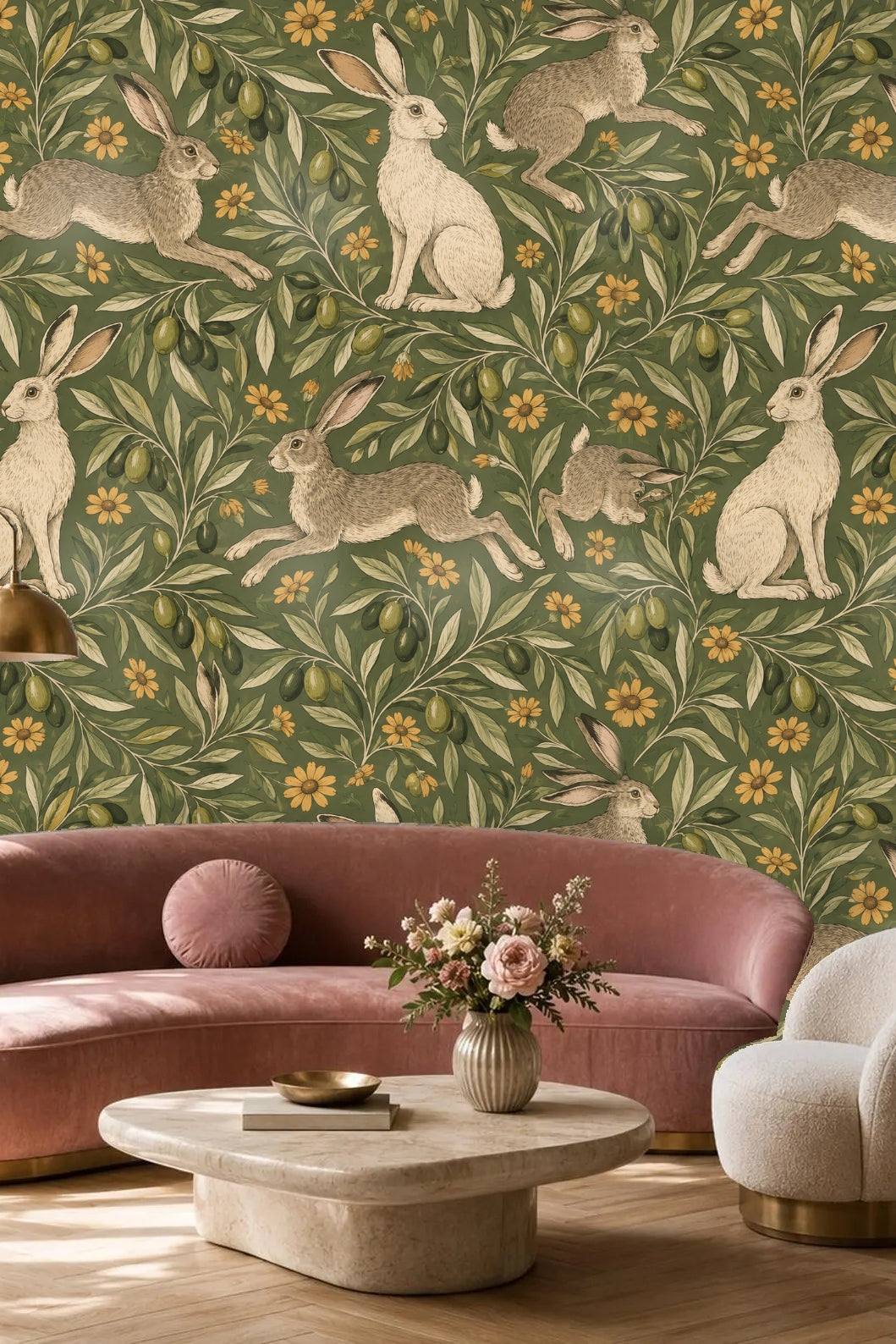 Bedroom wall covered in Olive Hare Meadow wallpaper with soft neutral decor and hanging paper lantern.