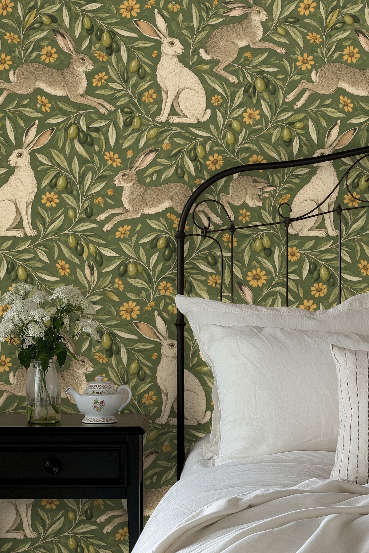 Wallpaper pattern showcasing both seated and running hare poses.