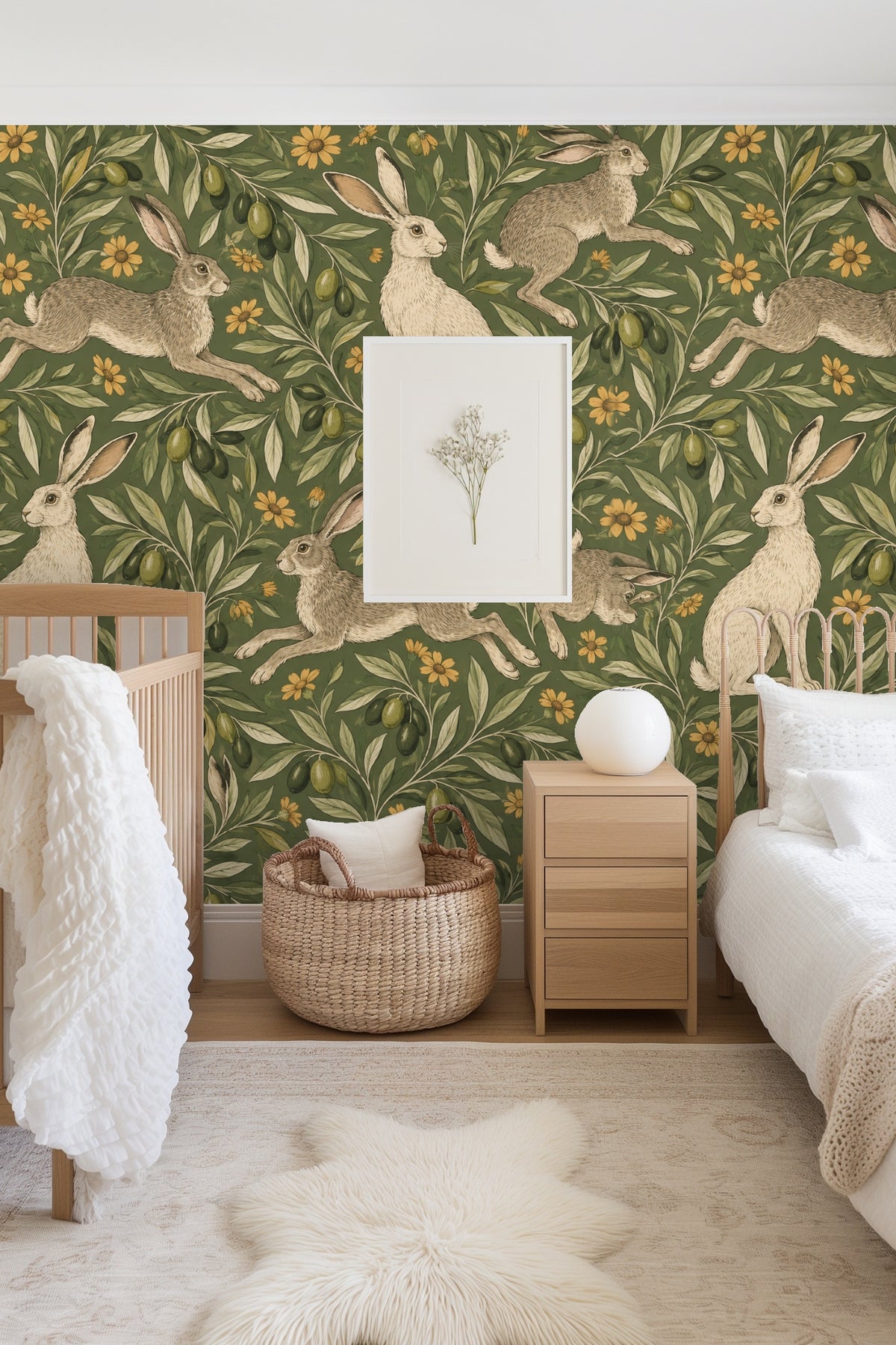 Hare with large ears and white fur detail in wallpaper.