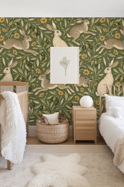 Hare with large ears and white fur detail in wallpaper.