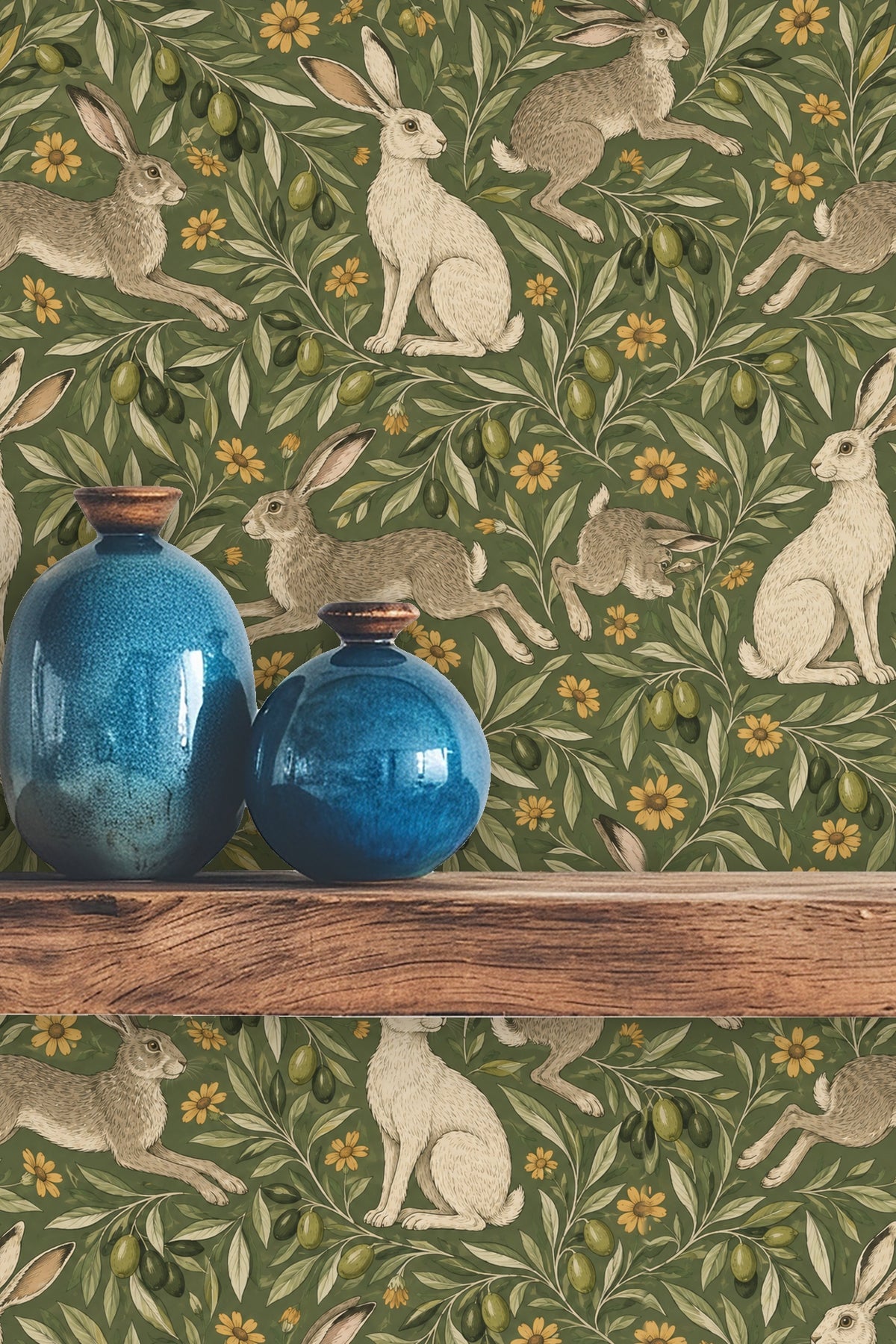 Sitting hare with attentive eyes in wallpaper pattern.