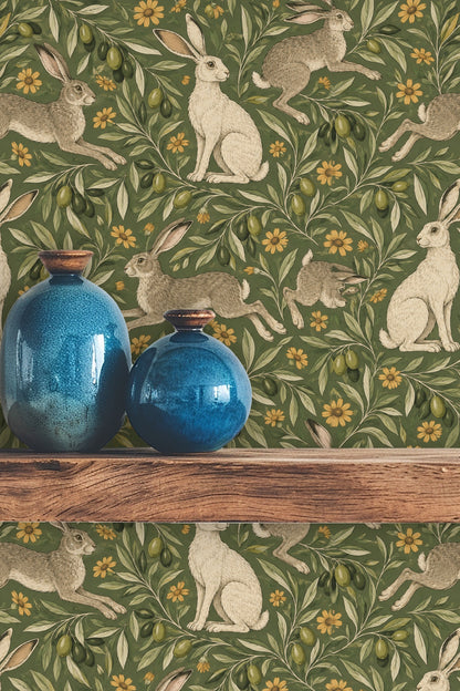 Sitting hare with attentive eyes in wallpaper pattern.