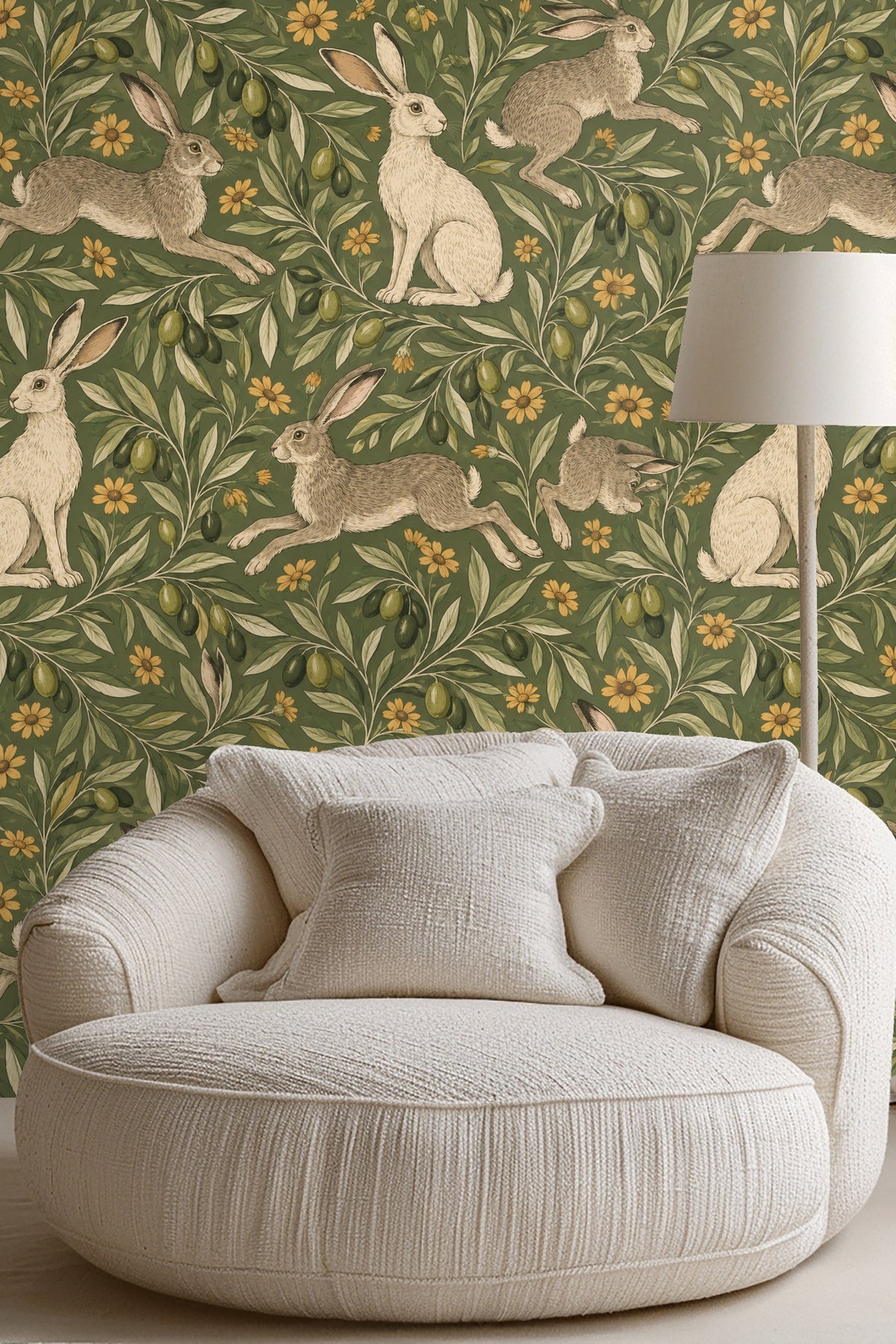 Corner view of wallpaper showing overlapping olive leaves and hares.