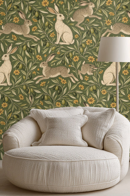Corner view of wallpaper showing overlapping olive leaves and hares.