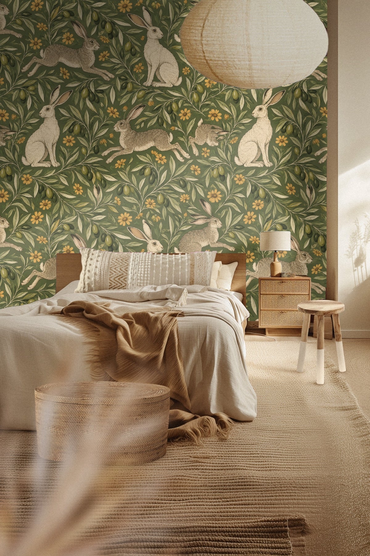 Archway entry featuring Olive Hare Meadow wallpaper with round mirror and bench.