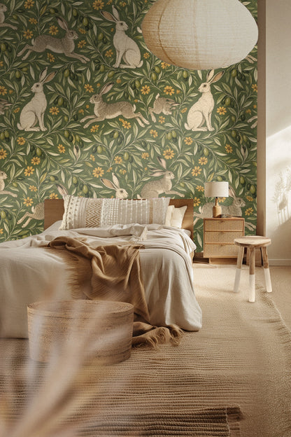 Archway entry featuring Olive Hare Meadow wallpaper with round mirror and bench.