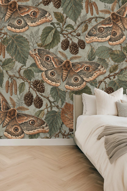 Arrangement of alder catkins and pinecones with layered leaves in the wallpaper.