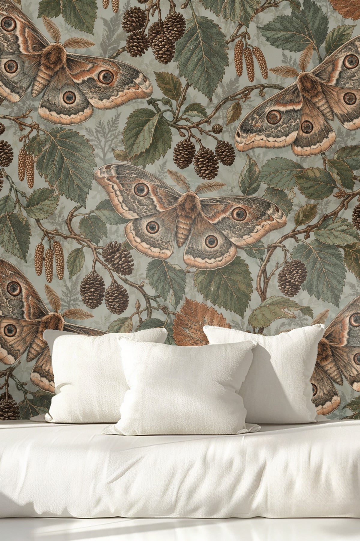 Sections where the muted grey background contrasts with warm brown and green tones.