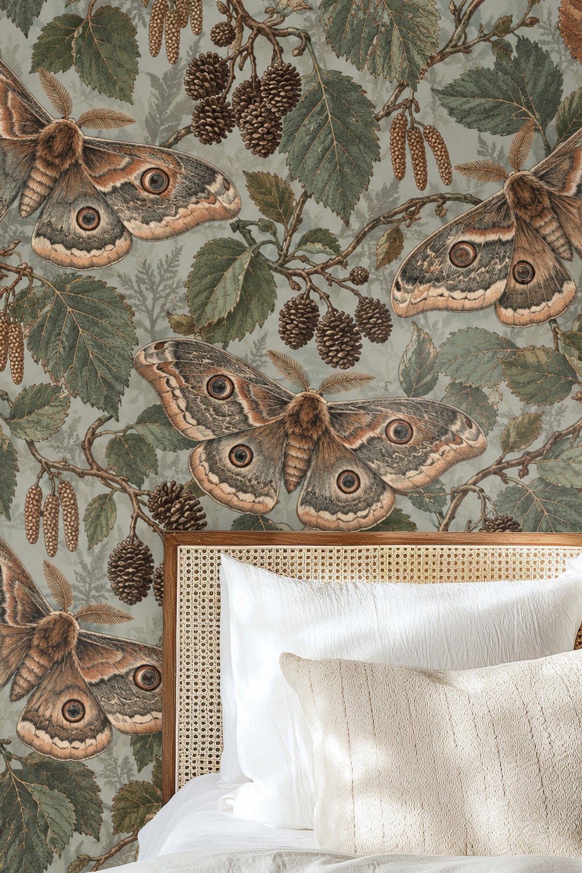 Detailed wallpaper artwork showing multiple alder moths among alder cones and leaves.