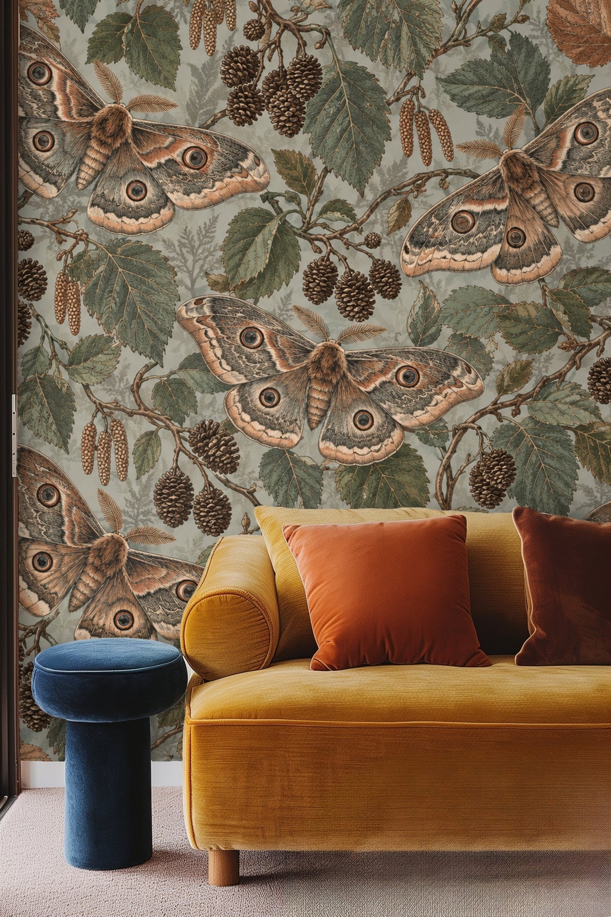 Overlapping moth wings with distinctive circular eye patterns on the wallpaper.