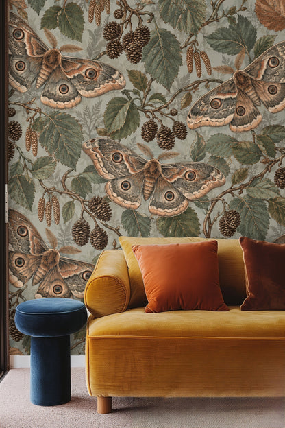 Overlapping moth wings with distinctive circular eye patterns on the wallpaper.