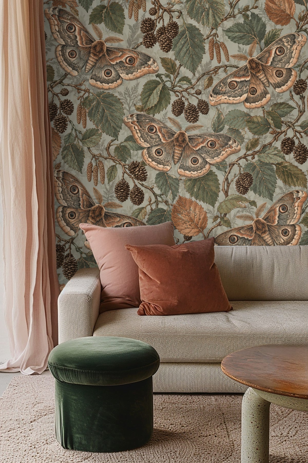 Bedroom wall decorated with Mist Alder Moths wallpaper behind a natural rattan headboard and white bedding.