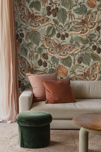 Bedroom wall decorated with Mist Alder Moths wallpaper behind a natural rattan headboard and white bedding.