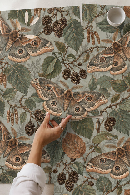 Living room wall covered with Mist Alder Moths wallpaper, featuring a sofa with rust and pink pillows and green velvet pouf.