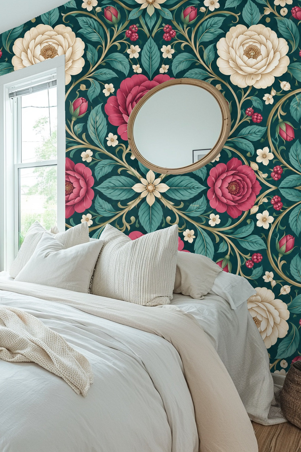 Elegant floral wallpaper in a modern mid-century style room