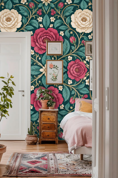 Pattern repeat view showing floral medallions and swirling vines