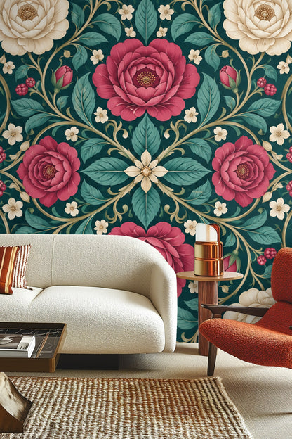Detailed close-up of Teal Rose Compass floral wallpaper with ivory and red roses on a teal background
