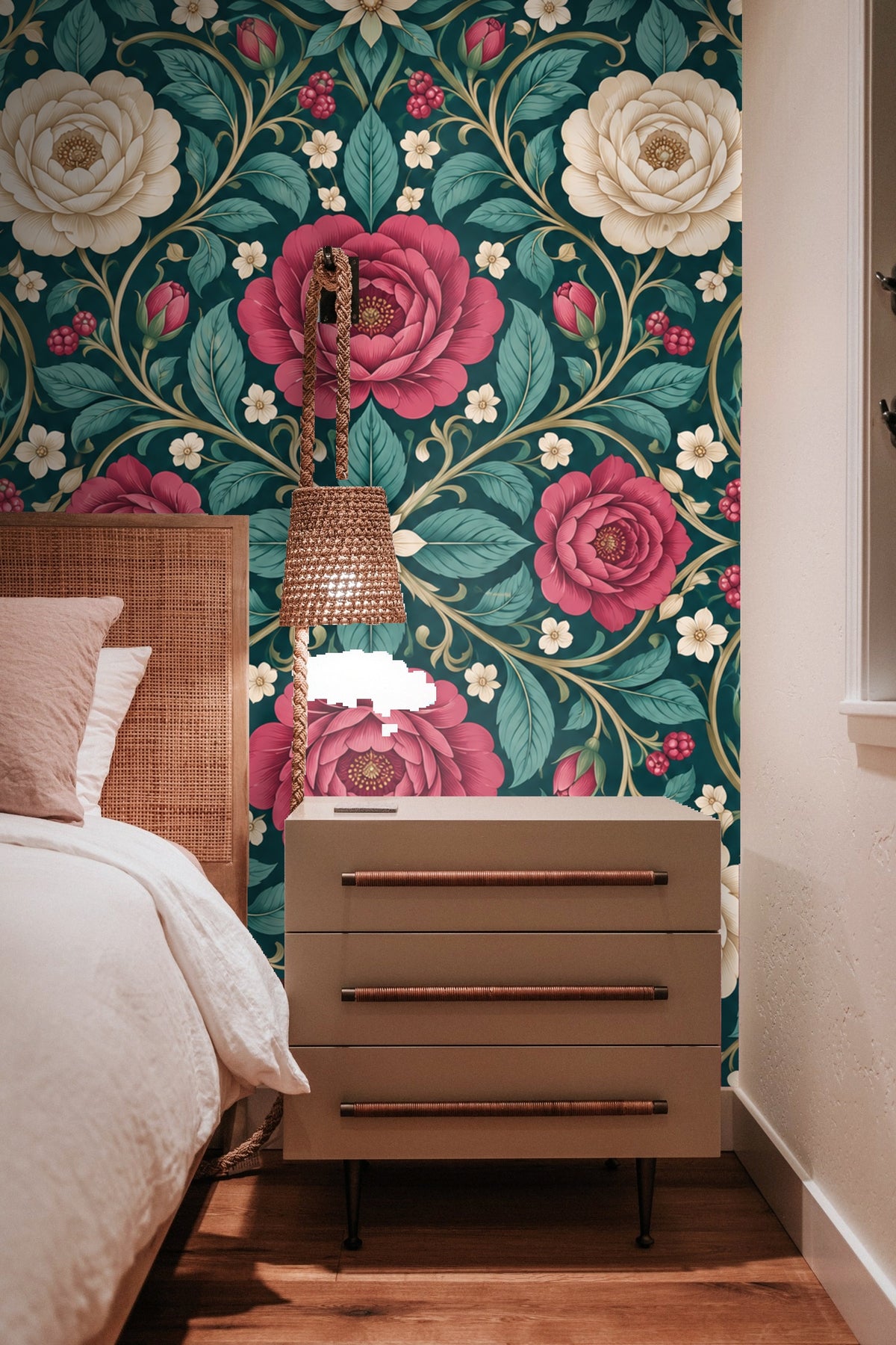 Close-up of a crimson rose surrounded by teal leaves on the wallpaper