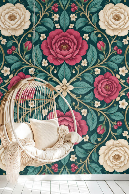 Ivory rose and small white flowers detail on wallpaper