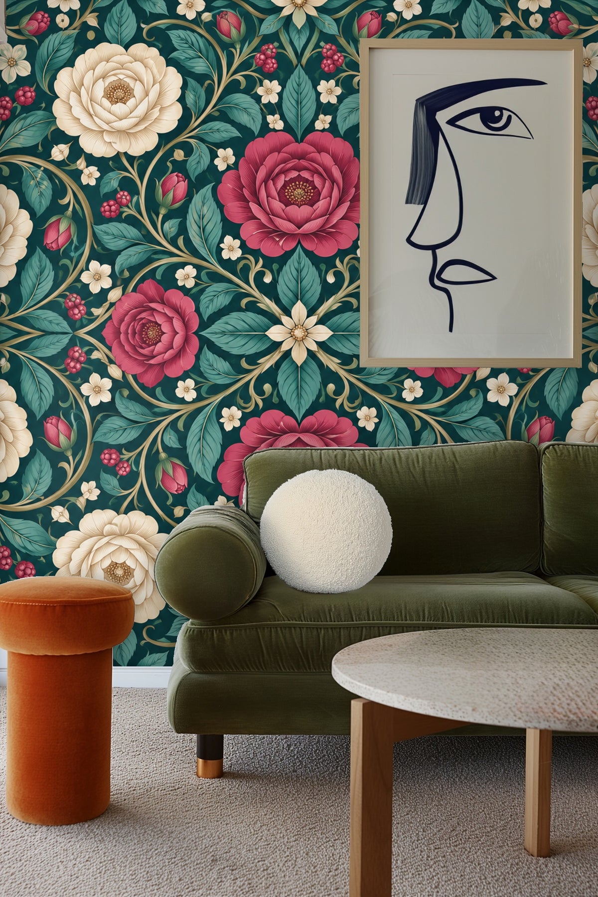 Living room wall adorned with Teal Rose Compass wallpaper behind a white curved sofa and orange chair