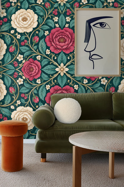 Living room wall adorned with Teal Rose Compass wallpaper behind a white curved sofa and orange chair