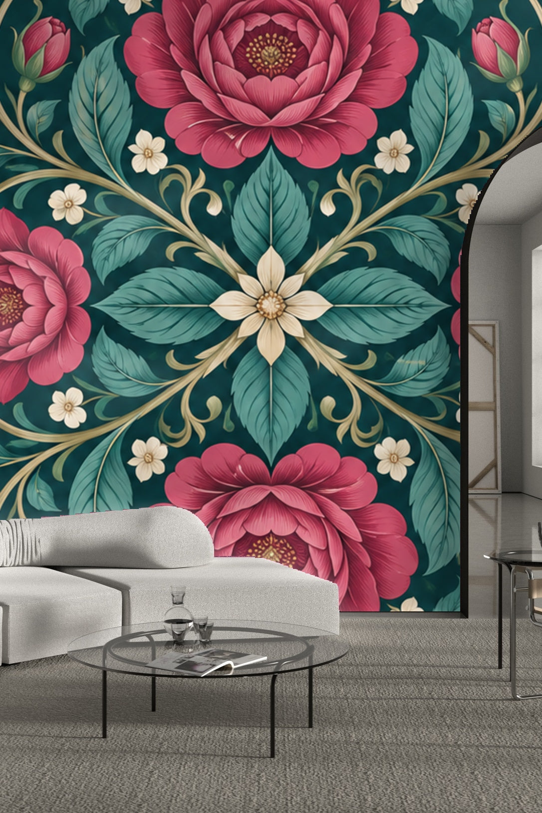Section of wallpaper showing compass-like symmetry in rose and leaf motifs