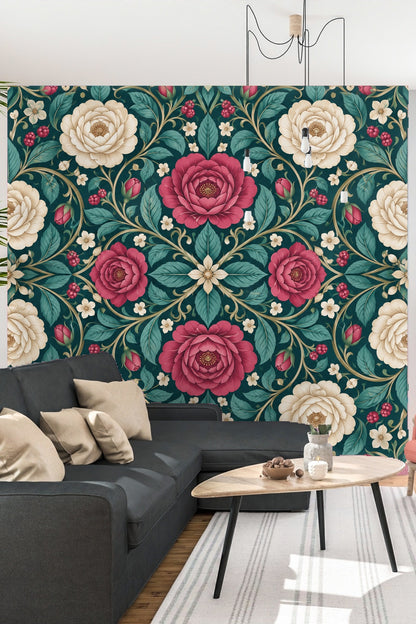 Wallpaper detail highlighting delicate gold-toned scroll accents