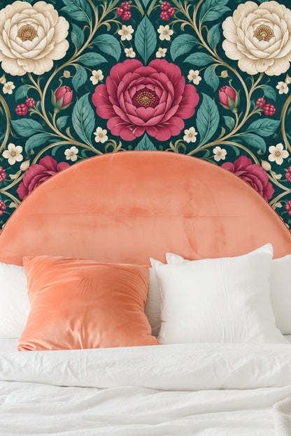 Teal Rose Compass wallpaper in a lounge setting with a green velvet couch and abstract art on the wall