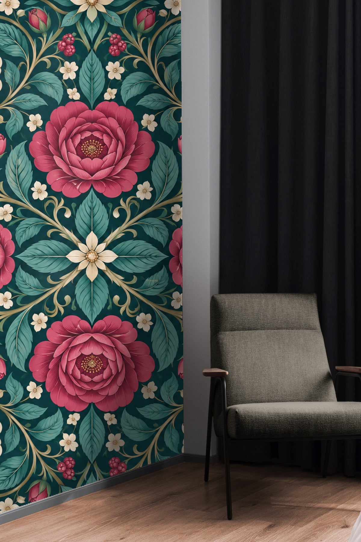 Teal background color with lush green leaves and floral clusters