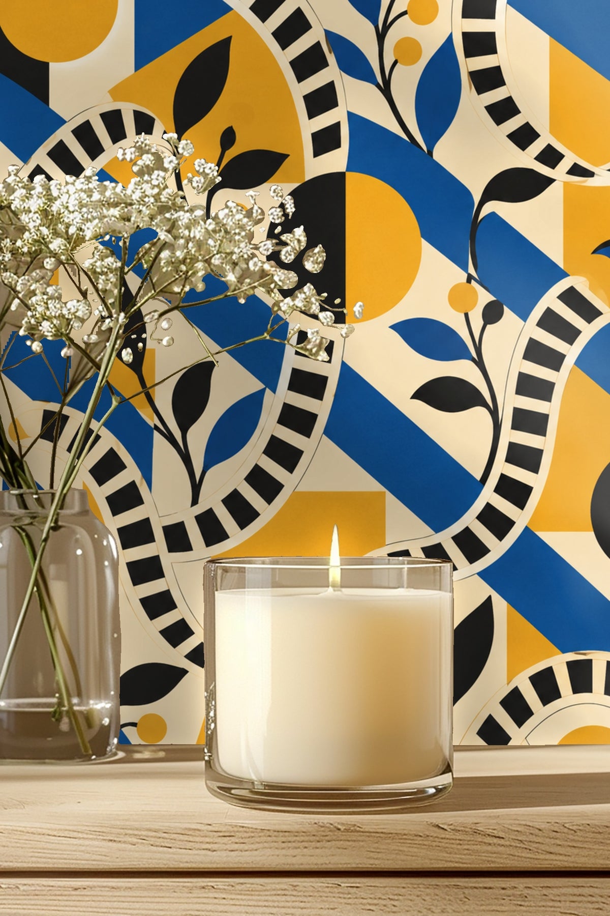 Bathroom medicine cabinet open to show wood shelves against wallpaper with bold blue, yellow, and black geometric shapes and black leaf and 