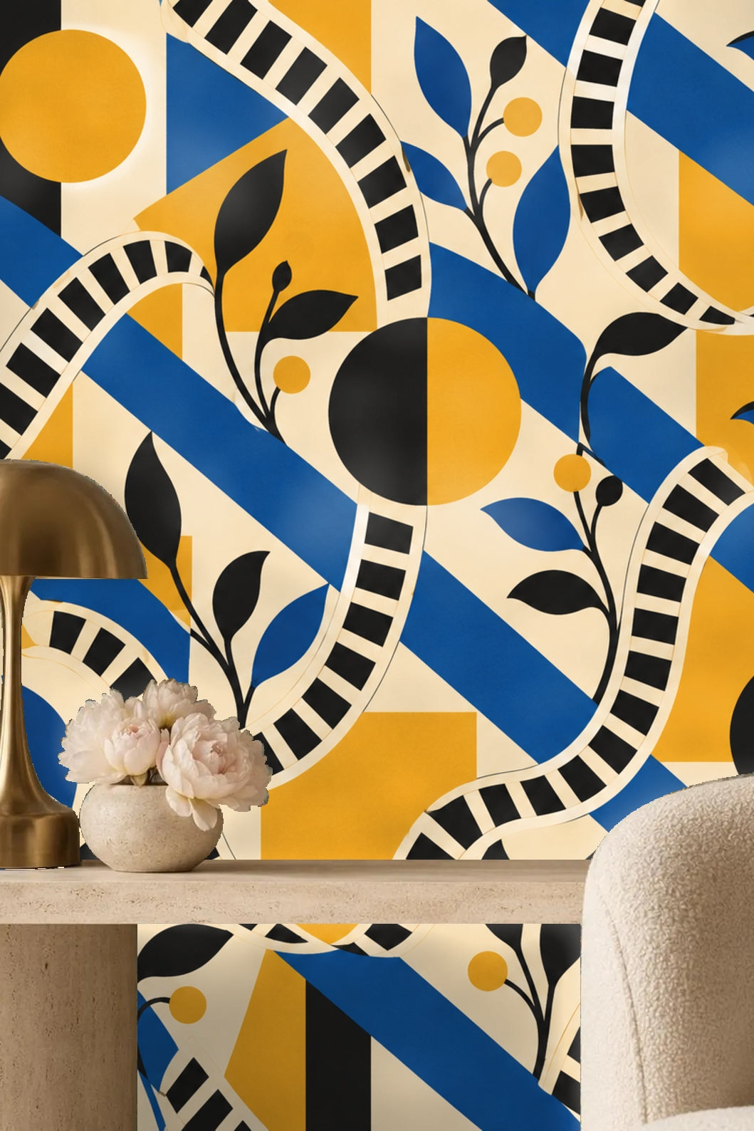 Section of wallpaper highlighting black leaf stems and yellow berries over geometric background