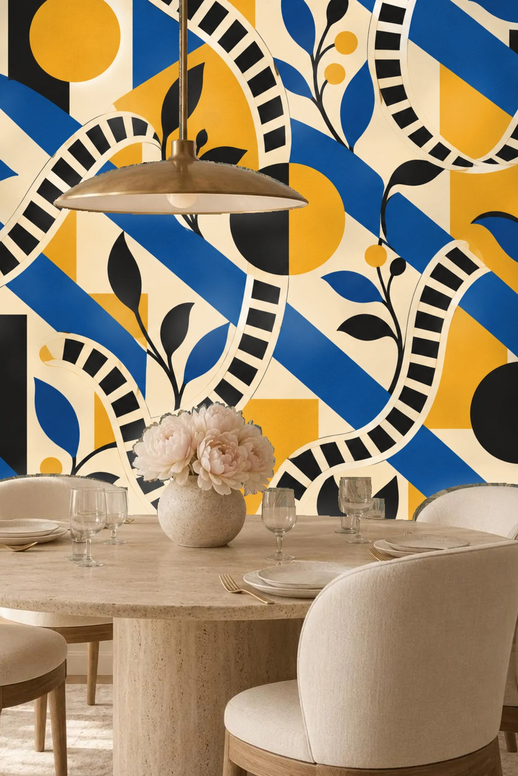 Blue and yellow geometric shapes overlapped by winding ladders and black leaves on wallpaper pattern