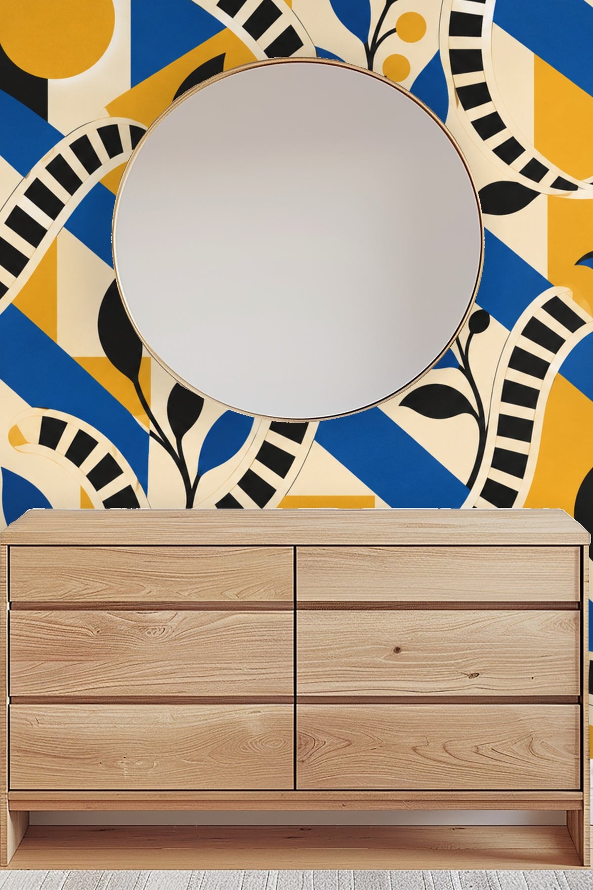Graphic wallpaper detail emphasizing strong contrasts between cream background and black, blue, and chartreuse motifs