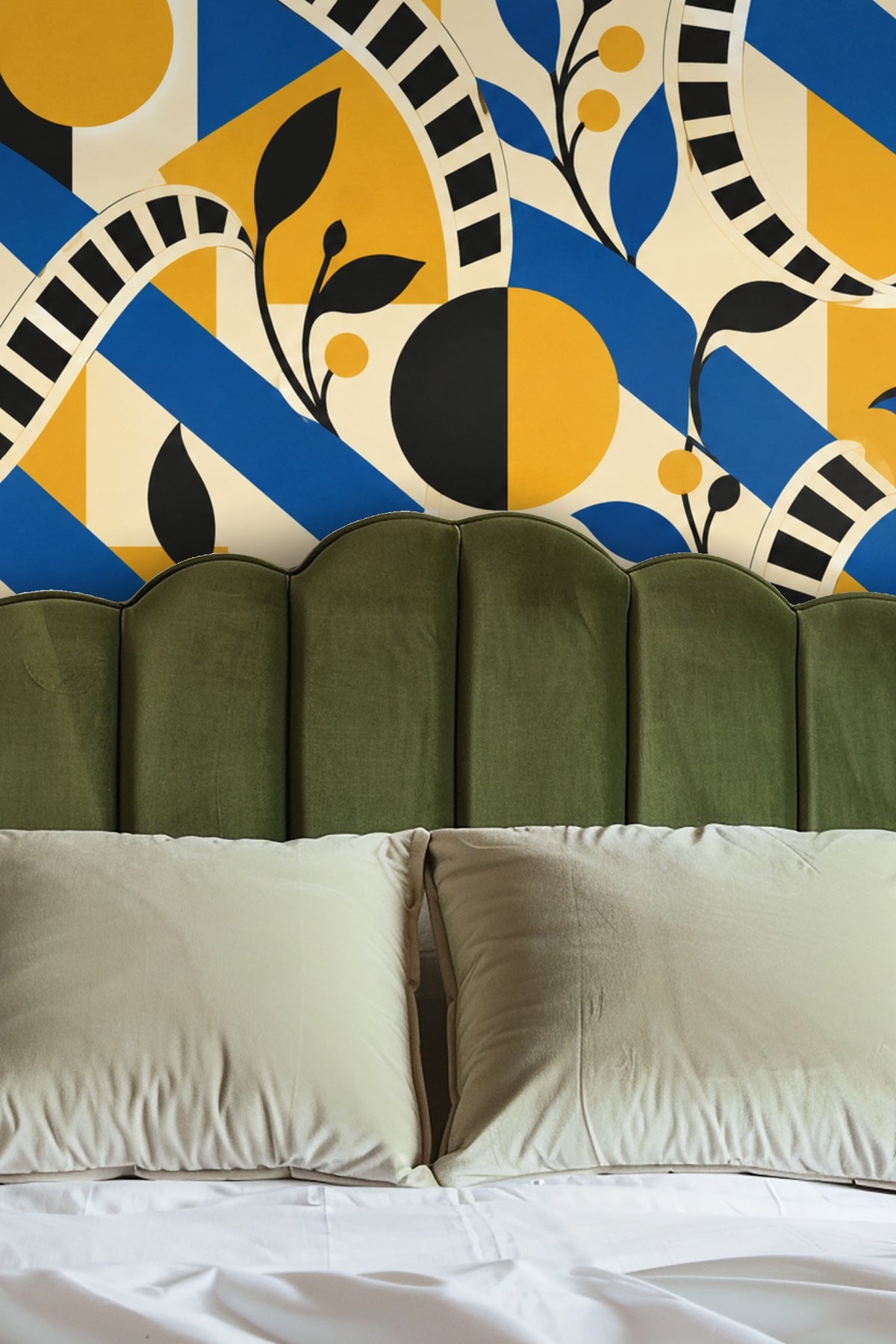 Close-up of wallpaper showing large blue diagonal stripes and chartreuse yellow shapes with black leaves and curving ladders