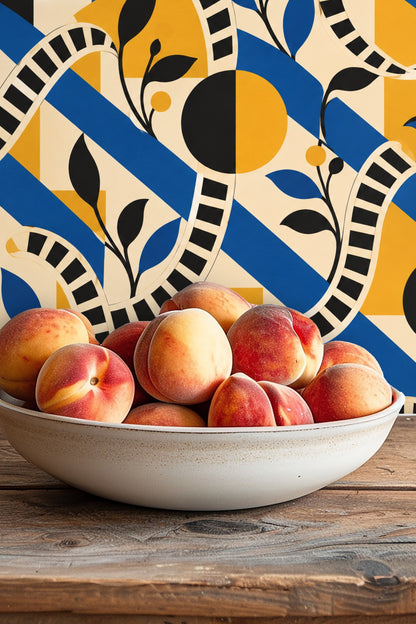 Detail of wallpaper showing half circles split in black and yellow against blue and cream geometric shapes