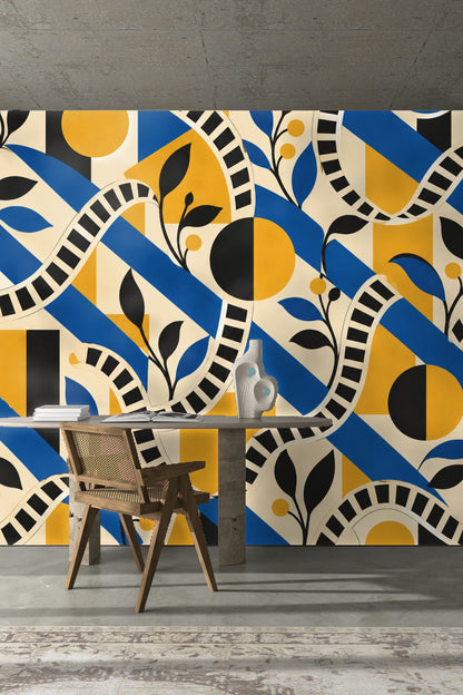 Partial view of wall showing wallpaper with graphic looping black and white striped shapes intersecting with blue and yellow blocks