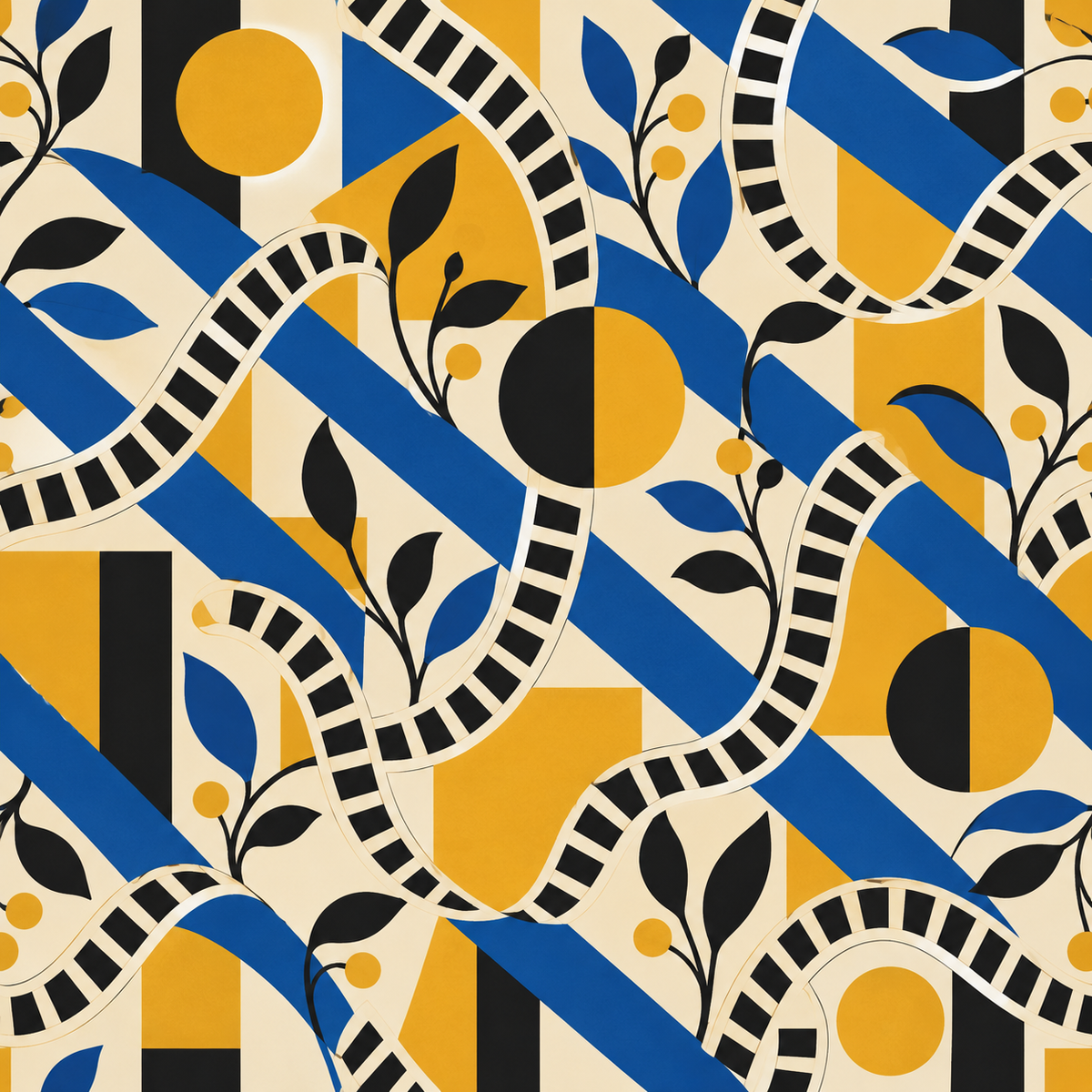 Full wallpaper pattern detail with rhythmic black stripes and botanical elements weaving through large geometric shapes