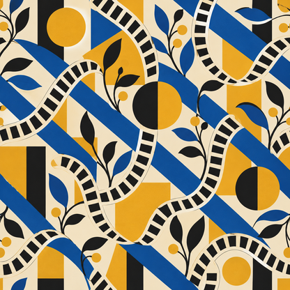 Full wallpaper pattern detail with rhythmic black stripes and botanical elements weaving through large geometric shapes