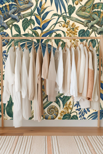 Ultramarine Palm Chameleons wallpaper shown in an interior setting