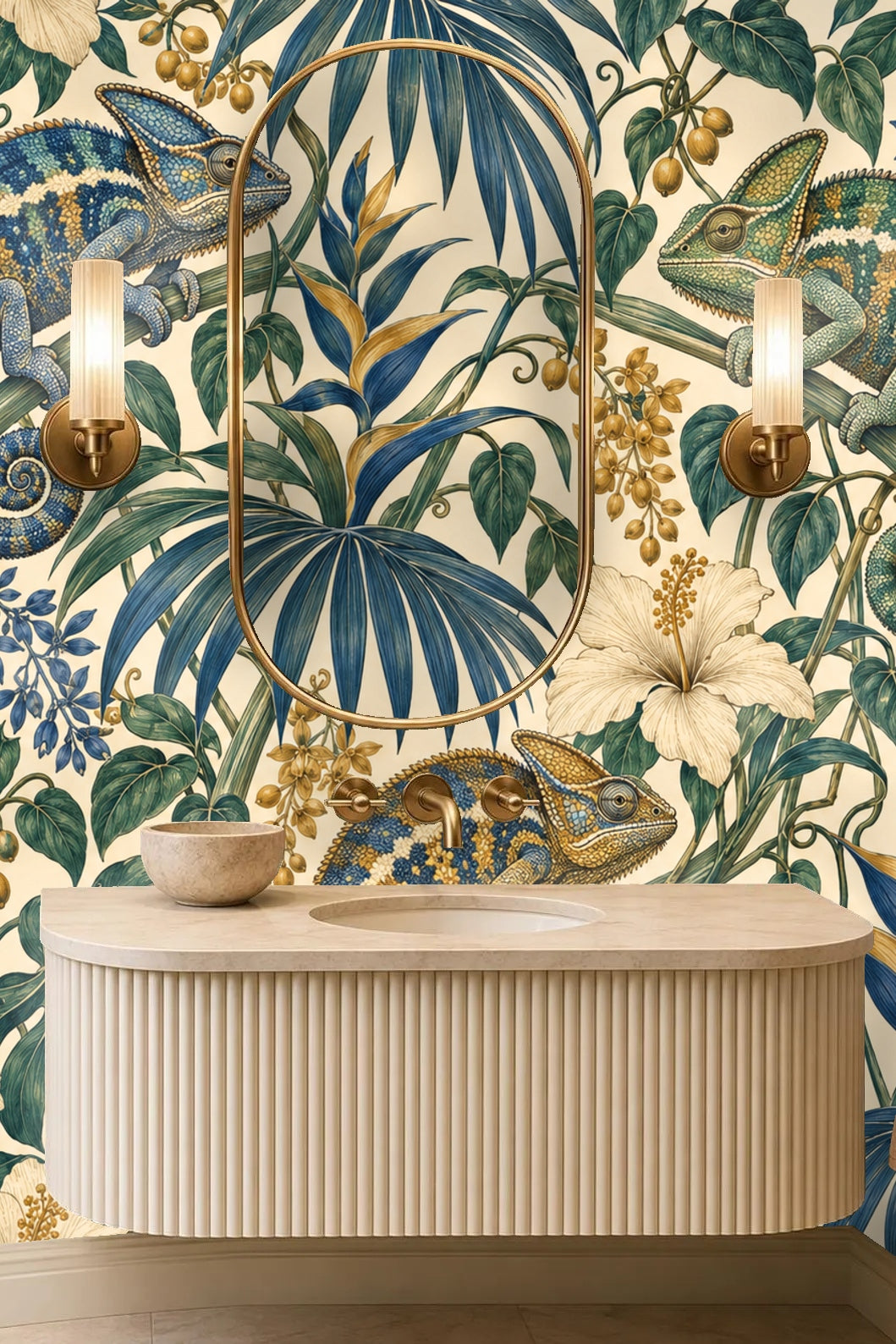 Ultramarine Palm Chameleons wallpaper shown in an interior setting
