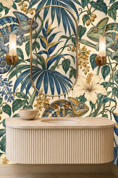 Ultramarine Palm Chameleons wallpaper shown in an interior setting