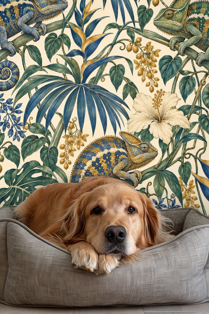 Ultramarine Palm Chameleons wallpaper shown in an interior setting
