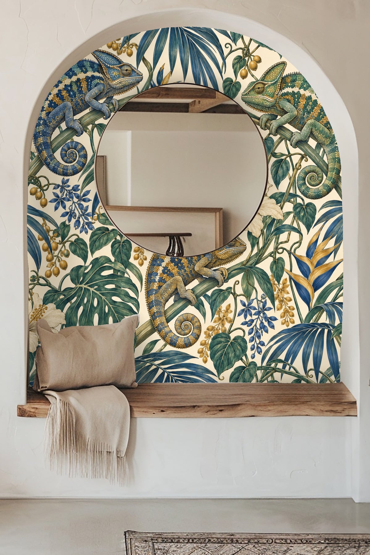 Ultramarine Palm Chameleons wallpaper shown in an interior setting