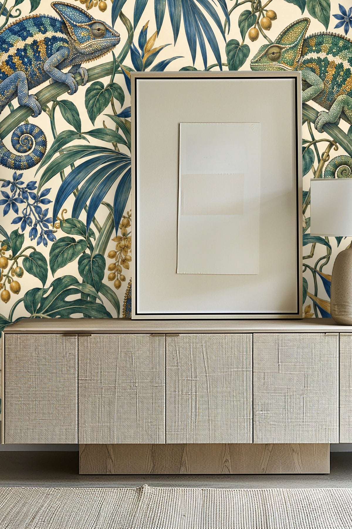 Ultramarine Palm Chameleons detailed wallpaper with chameleons and tropical leaves