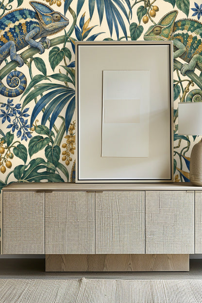 Ultramarine Palm Chameleons detailed wallpaper with chameleons and tropical leaves