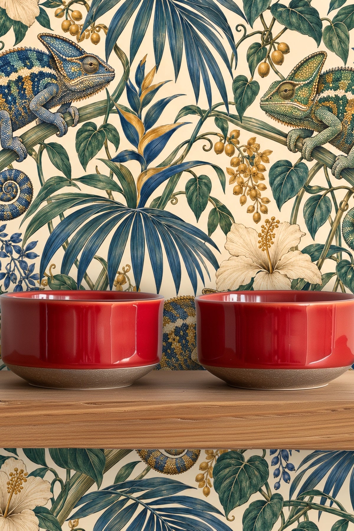 Ultramarine Palm Chameleons wallpaper shown in an interior setting