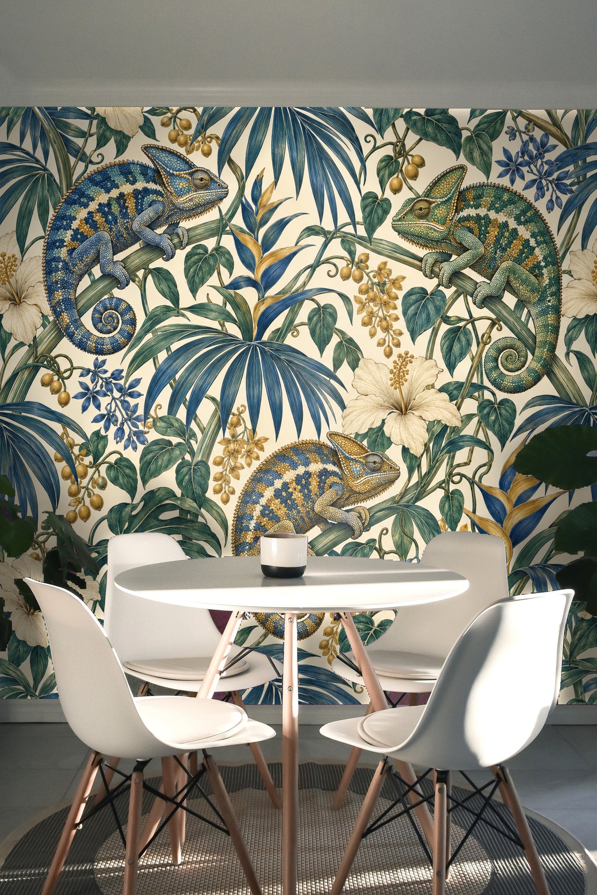 Ultramarine Palm Chameleons wallpaper shown in an interior setting