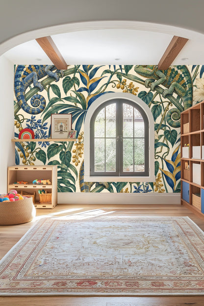 Ultramarine Palm Chameleons wallpaper shown in an interior setting