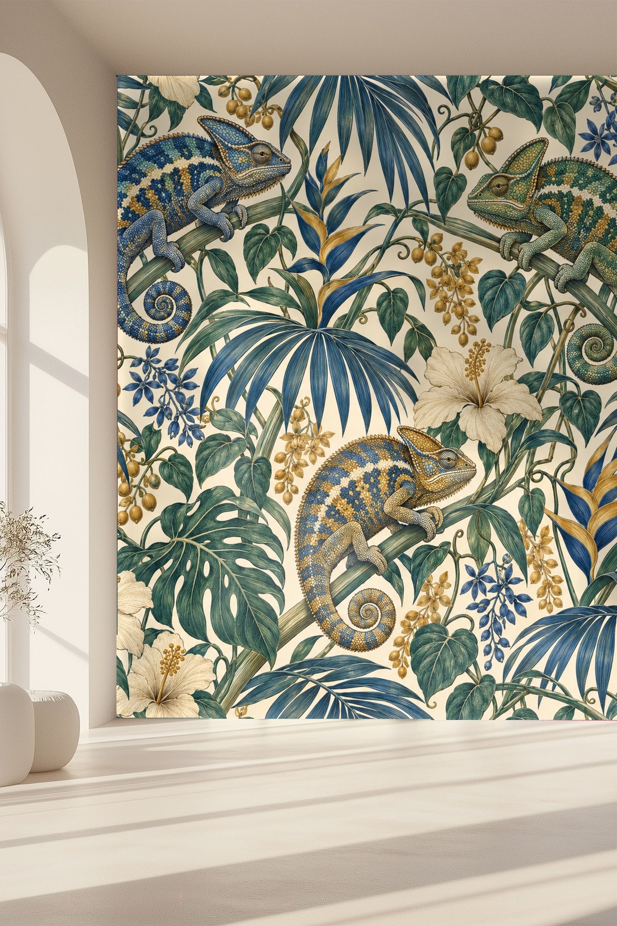 Ultramarine Palm Chameleons wallpaper shown in an interior setting